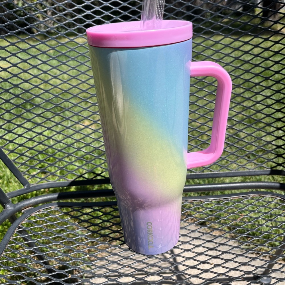 Corkcicle Pastel Rainbow Gradient Tumbler with Pink Handle & Lid